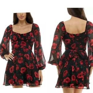 Chic Black and Red Floral Long Sleeve Dress
